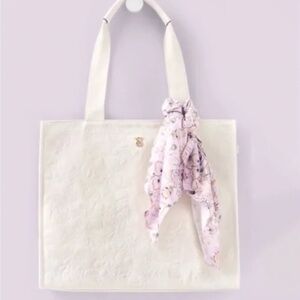 Victoria's Secret Floral Embossed Tote with Purple Scarf, White, BRAND NEW